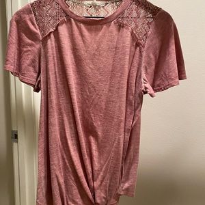 Coral Tee with Lace on Top and knot at bottom